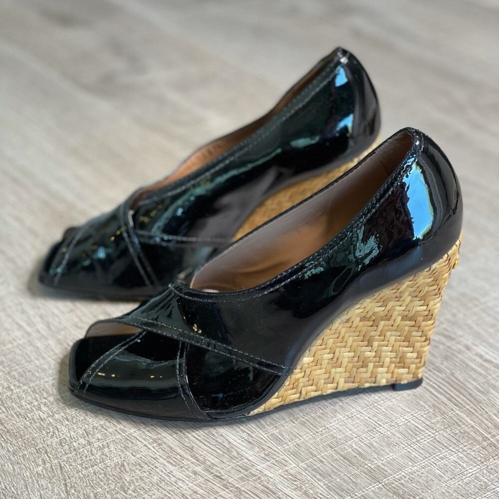 BCBGMaxazria Black Patent Leather Wicker Wedge Women's Size 8